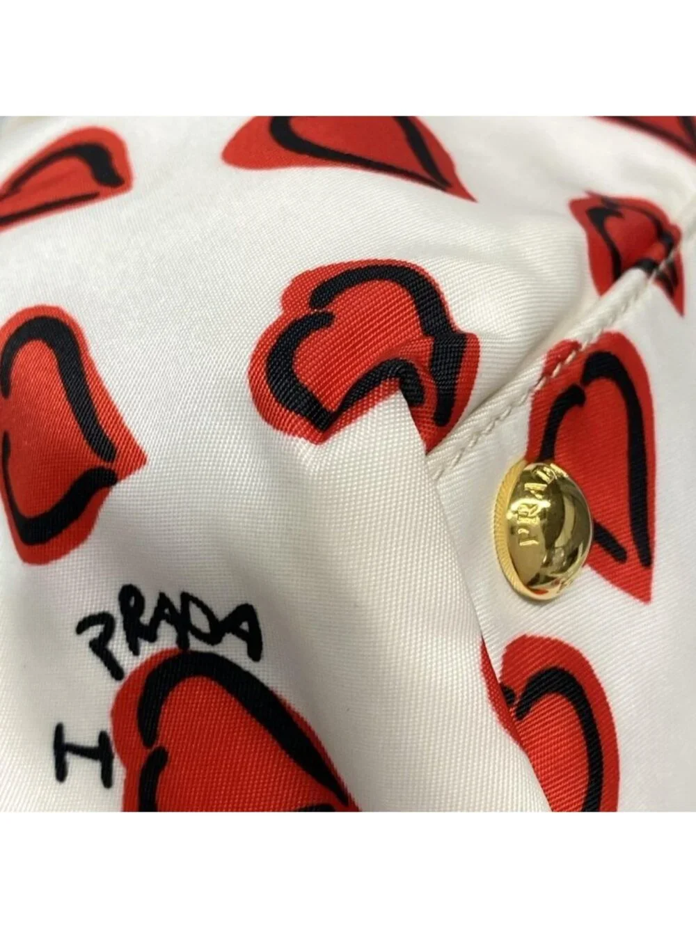 Prada Tote Ivory Red Black Heart Pattern Ribbon Leather - Picture 6 of 15